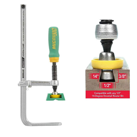 MatchFit Dovetail AP Clamp With X Pad for Router Tables and CNC Fixtures, shown next to compatible dovetail router bit angles.