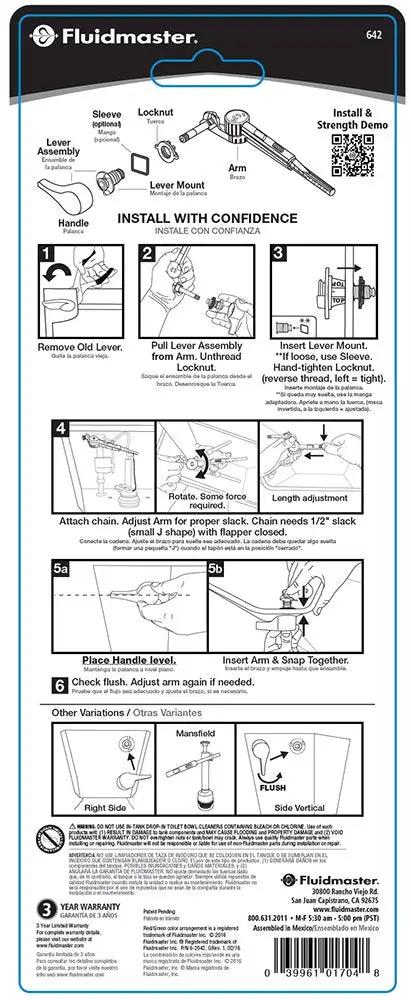 Installation instructions for the Perf Fit Tank Lever Brushed Nickel 3-1/2 Inch By 9-29/32 Inch By 1-5/16 Inch Universal Toilet Lever Replacement.