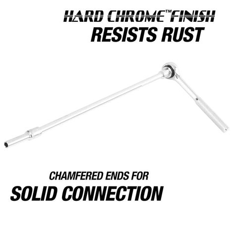 11 Inch Quarter Inch Drive Socket Extension with Chrome Plated Steel Finish shown with ratchet
