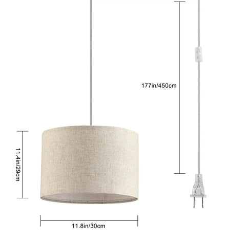 2 Pack Plug In Pendant Lights With 15Ft Clear Cord Toggle Switch Beige Linen Shade Modern Hanging Lamp dimensions 11.8in diameter 11.4in height