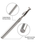 CNC router bit with 1/8 in shank, 1/16 in cutting diameter, two-flute carbide upcut