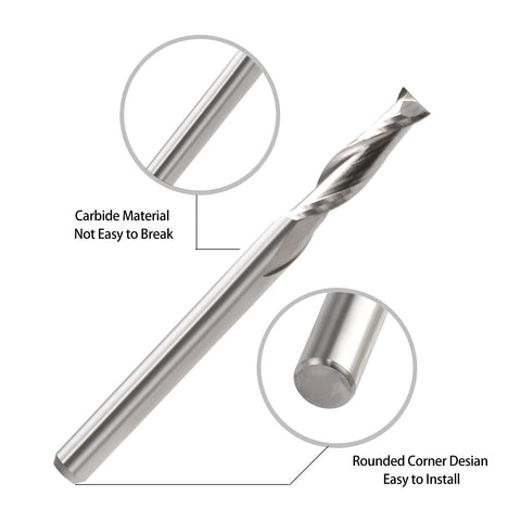 CNC router bit with 1/8 in shank, 1/16 in cutting diameter, two-flute carbide upcut