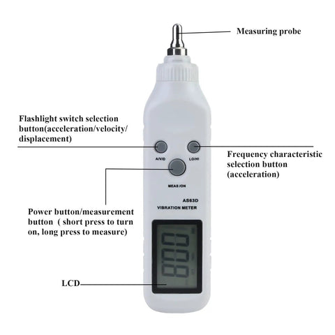 Pen Style Vibrometer With High Sensitivity Accelerometer Digital Vibration Meter And Handy Tester For On The Go Diagnostics AS63D Portable Vibration Analyzer With Storage Case, front view with LCD and probe