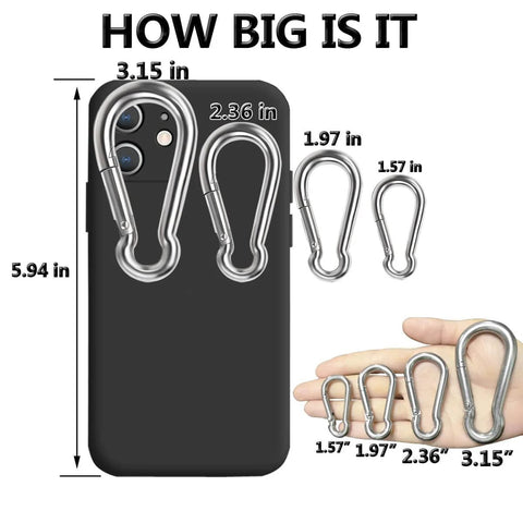 Eight Pack Of 304 Stainless Steel Spring Snap Hooks With Heavy Duty Latch Clips shown with phone for size comparison