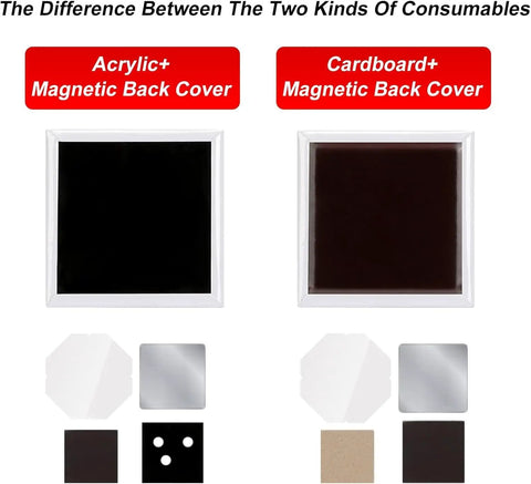 Comparison of acrylic vs cardboard magnetic back covers for Bulk 100 Set Acrylic Fridge Magnet Kit For 2.5x2.5 Inch DIY Photo Magnets.