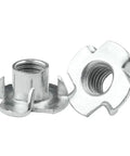 Close-up of Beefy Four Claw T Nuts M4 To M10 Carbon Steel Blind Pronged Insert for Furniture Hardware and Speaker Mounts.