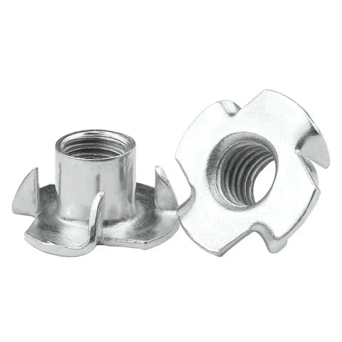 Close-up of Beefy Four Claw T Nuts M4 To M10 Carbon Steel Blind Pronged Insert for Furniture Hardware and Speaker Mounts.