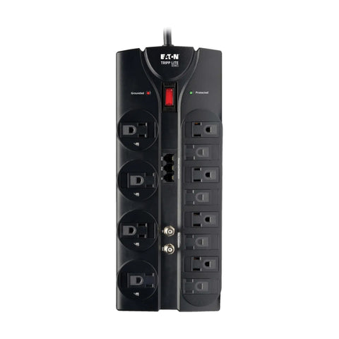 Front view of Home Theater Surge Protector Power Strip With 12 Outlets 2160 Joules 8 Ft Flat Plug Cord Includes 6 Ft RJ11 Phone Line And 6 Ft Coax Cable Perfect For TV Modem And WiFi Router Protection, showing outlet arrangement.