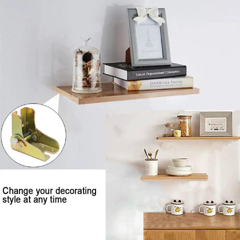 No Nonsense Folding Hinge Table Leg Extender Kit, Heavy Duty Galvanized Steel Work Table Bracket, Quick Snap Install 90 Degree Foot Support, Solid Diy Bed Frame Lift, Pack Of Four with shelf display and decorative items.