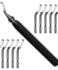 Heavy Duty 11-Blade Deburring Tool Set For Metal, Plastic, Resin & Aluminum. Close-up of ergonomic handle and HSS blades.
