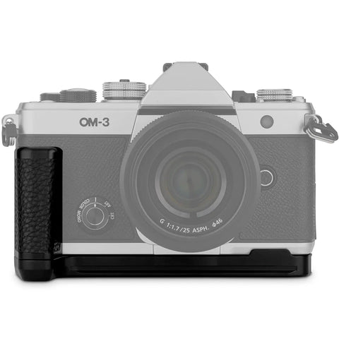 OM System OM 3 Hand Grip Camera Bracket With Arca Swiss Interface attached to OM-3 camera front view