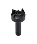 Front view of black metal wood lathe spur cup center with four prongs and cylindrical shank