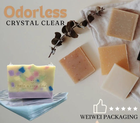 Odorless PVC Heat Shrink Wrap Bags 8x12 Inches, 100 Gauge, 100 Pack For Fast Packaging, Clear Durable Shrink Film That Shrinks Smoothly At Low Temp, Great For Jewelry, Crafts, And Small Gifts. Clear PVC shrink wrap bags around handmade soap bars