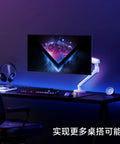 Boss Desktop Dual Monitor Mount With Full Flex Articulating Arms And Rock Solid Heavy Duty Steel Build For Easy No Slide Tool Install On Any Complete Computer Workspace, shown with monitor and keyboard.