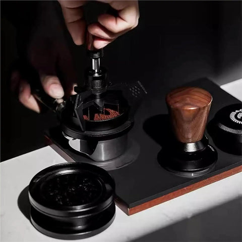 Top Shelf 58Mm Needle Distributor And Wdt Espresso Tool, adjustable height, stainless steel tool for ground preparation in action.