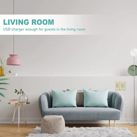 Living room scene with High Speed USB C Wall Outlet With Type C Fast Charge 4.8A 20 Amp Tamper Resistant Receptacle on wall