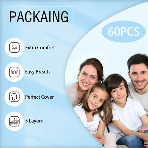 Family with promotional graphic for 60 Pack KN95 Masks With 5 Layer Filtration Cup Design And Adjustable Nose Clip And Ear Loops.