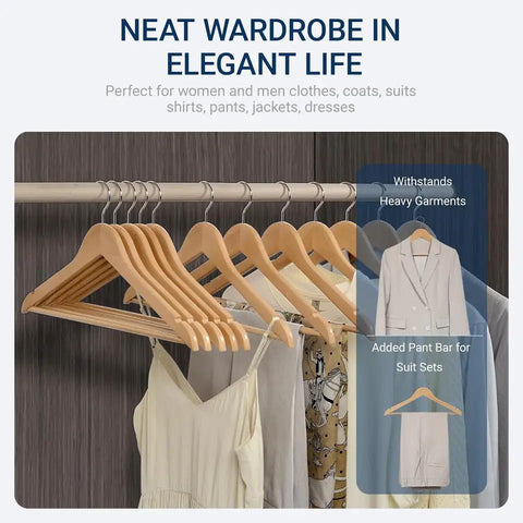 Straight Up Premium Quality Natural Wooden Coat Hangers Thirty Pack Flat Profile with suits and dresses on display.