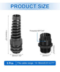 Rugged 5 Pack Adjustable NPT 3/4 Inch Cable Glands 13-18mm PA66 Nylon IP68 Waterproof Sealed Connectors for Indoor Outdoor Enclosures and Machinery, Anti Corrosion, Heavy Duty Electrical Installations, size diagram