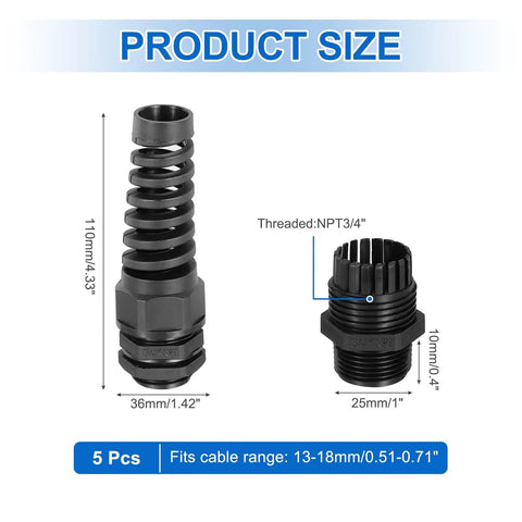 Rugged 5 Pack Adjustable NPT 3/4 Inch Cable Glands 13-18mm PA66 Nylon IP68 Waterproof Sealed Connectors for Indoor Outdoor Enclosures and Machinery, Anti Corrosion, Heavy Duty Electrical Installations, size diagram