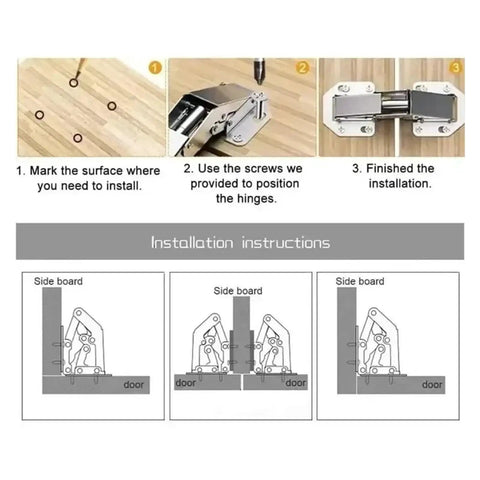 Installation steps for Rotating Concealed Cabinet Hinges Set For No Drill Installation In Stainless Steel Finish, 10 Pack
