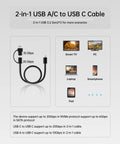 2-in-1 USB A/C to USB C Cable designed for quick data transfer, showcasing connection options for devices like PC, tablet, and smartphone.