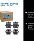 Front and Rear Wheel Bearing and Hub Assembly Set Four Piece for 2014 to 2019 Nissan Rogue All Wheel Drive and 2017 to 2022 Rogue Sport AWD Direct Fit Replacement with Two Front Hubs and Two Rear Hubs for Easy Installation and Long Lasting Performance, shown with packaging and assemblies.