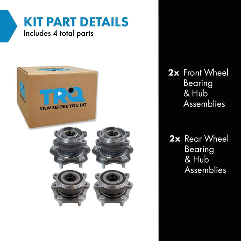 Front and Rear Wheel Bearing and Hub Assembly Set Four Piece for 2014 to 2019 Nissan Rogue All Wheel Drive and 2017 to 2022 Rogue Sport AWD Direct Fit Replacement with Two Front Hubs and Two Rear Hubs for Easy Installation and Long Lasting Performance, shown with packaging and assemblies.