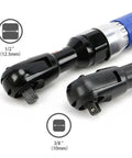 Badass Heavy-Duty 90 Degree Air Ratchet Wrench All Metal Right Angle Pneumatic Trigger Straight Shooter 3/8 Drive Socket Wrench showing 1/2" and 3/8" drive sizes.