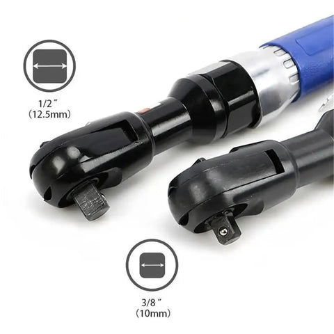 Badass Heavy-Duty 90 Degree Air Ratchet Wrench All Metal Right Angle Pneumatic Trigger Straight Shooter 3/8 Drive Socket Wrench showing 1/2" and 3/8" drive sizes.