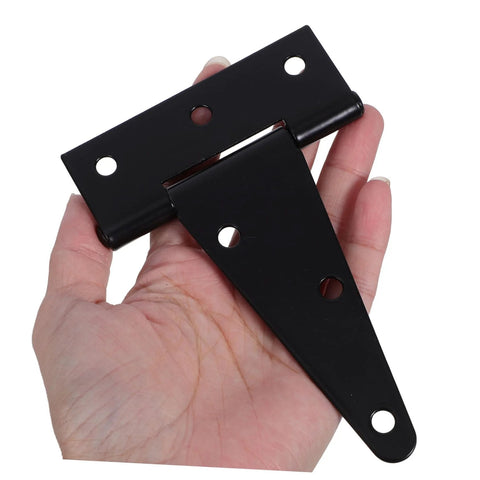 Heavy-duty extended T-hinge, black metal with mounting holes, front view, held in hand.