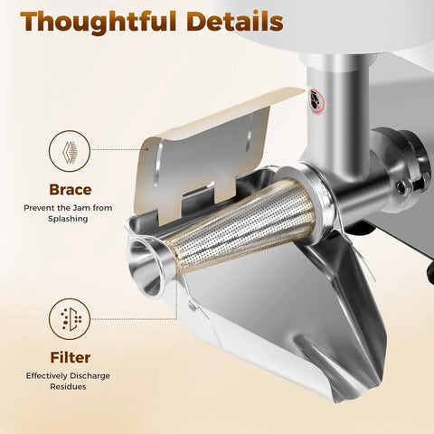 Close-up of Premium 450W Electric Tomato Strainer showing stainless steel filter and brace for splash prevention.