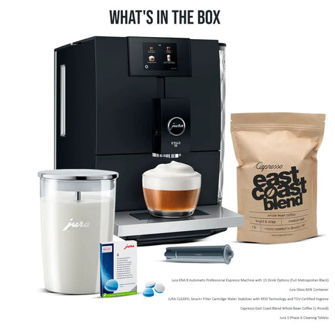 Straight Fire Automatic Espresso Coffee Maker Bundle With A Clean Matte Black Frame showing ENA 8 machine, glass milk container, coffee bag, and cleaning tablets.