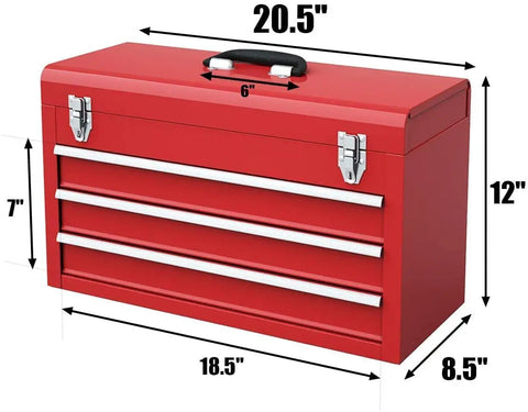 Lockable Red Steel Tool Chest With Three Drawers And Top Tray Portable Toolbox For Home Garage Workshop And Repair Shop Heavy Duty Tool Organizer Tough As Nails Metal Cabinet For Tools And Gear, 20.5 x 8.5 x 12 in