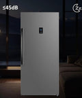 Beefy Upright Freezer With 17 Cubic Feet Capacity And Convertible Fridge Mode Featuring Frost Free Operation Plus Sleek Stainless Steel Exterior in a dark setting.