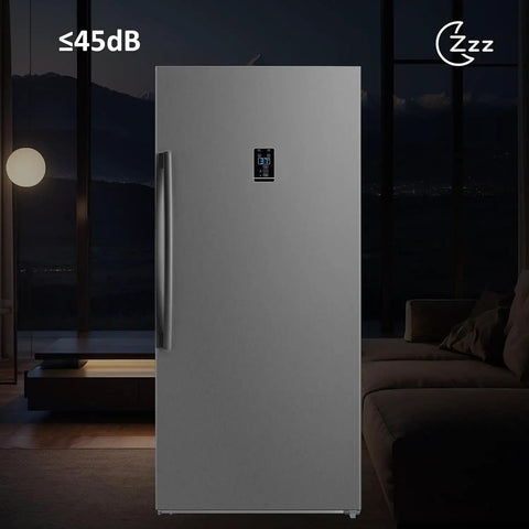 Beefy Upright Freezer With 17 Cubic Feet Capacity And Convertible Fridge Mode Featuring Frost Free Operation Plus Sleek Stainless Steel Exterior in a dark setting.