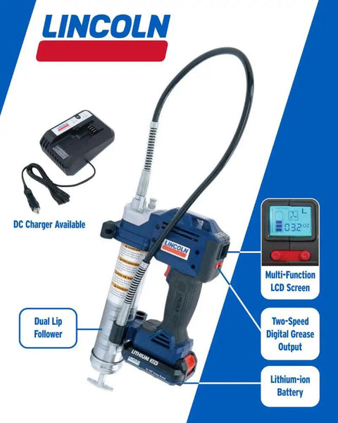 Lincoln 1884 PowerLuber 20V Battery Powered Grease Gun With 36 Inch Hose, charger, and LCD screen display features