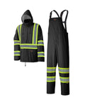High Visibility Lightweight Waterproof Safety Rain Suit Featuring Reflective Work Jacket And Heavy Duty Bib Pants in black with reflective stripes.