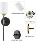 Industrial Mid Century Wall Sconce Set Of 2 With White Cylinder Glass Shades For Modern Bathroom Vanity In Matte Black And Brushed Brass Finish