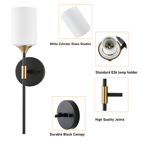 Industrial Mid Century Wall Sconce Set Of 2 With White Cylinder Glass Shades For Modern Bathroom Vanity In Matte Black And Brushed Brass Finish