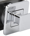 Close-up of chrome Push Button Cabinet Latch With Handle Keyless Zinc Alloy Lock for RV drawers and cupboards, no key needed.