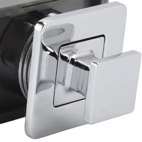 Close-up of chrome Push Button Cabinet Latch With Handle Keyless Zinc Alloy Lock for RV drawers and cupboards, no key needed.