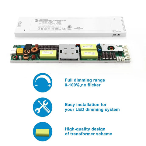 100W 24V LED Power Supply for LED Strips and Cabinet Lights No Fuss 100 To 240V AC To 24V DC Constant Voltage Converter White Dimmable LED Driver With Dual JST Ports ETL Listed showcasing full dimming and easy installation features.