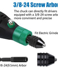 Adapter with 3/8-24 screw arbor for electric grinders, showing a green and black chuck and small parts.