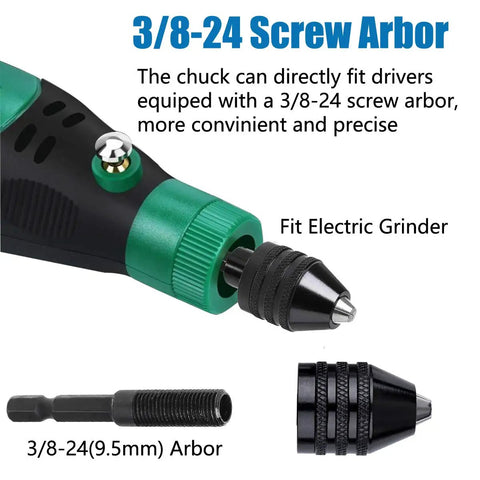 Adapter with 3/8-24 screw arbor for electric grinders, showing a green and black chuck and small parts.