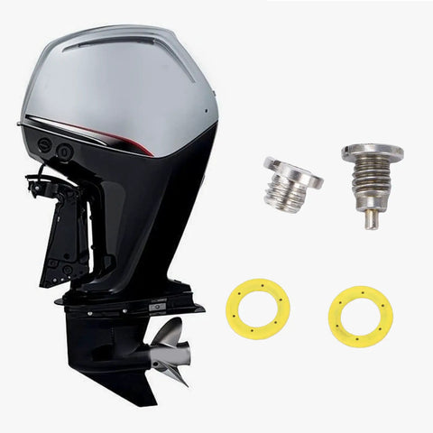 Premium Metal Gear Case Drain Plug Kit 2 Pack For Mariner Outboard Engine With Exact Fit Seal And Easy Install To Fix Lower Unit Oil Leaks Now, metal plugs and yellow seals
