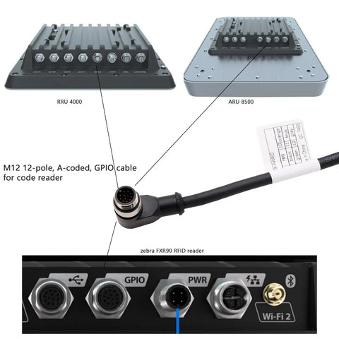 Diagram of M12 A Coded 12 Pin GPIO Power Cable 90 Degree Male to Flying Leads for KATHREIN RFID readers and Zebra Cognex sensors