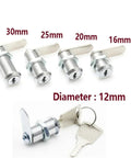 Compact 12mm Zinc Alloy Cam Lock For Cabinets And Drawers 25mm Length with keys shown in multiple sizes for furniture hardware.