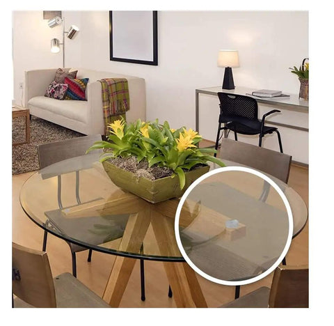 Ten Pack Glass Table Top Bumpers Clear Vinyl Pads shown on dining table preventing sliding