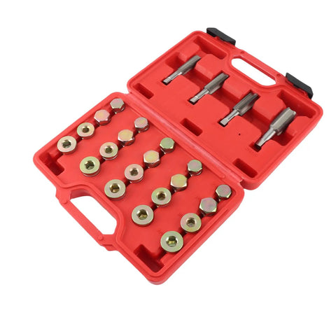 Ultimate Engine Oil Pan Thread Repair Kit, 64 Piece Set With Oversized Taps And Plugs, Fixes Stripped Drain Plugs On Cars And Trucks Fast. red case with steel taps and plugs